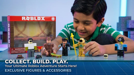 A young boy in a green and white striped shirt plays with small Roblox minifigures and accessories on a table, with the Roblox box visible behind them. Large promotional text at the bottom reads 'COLLECT.
