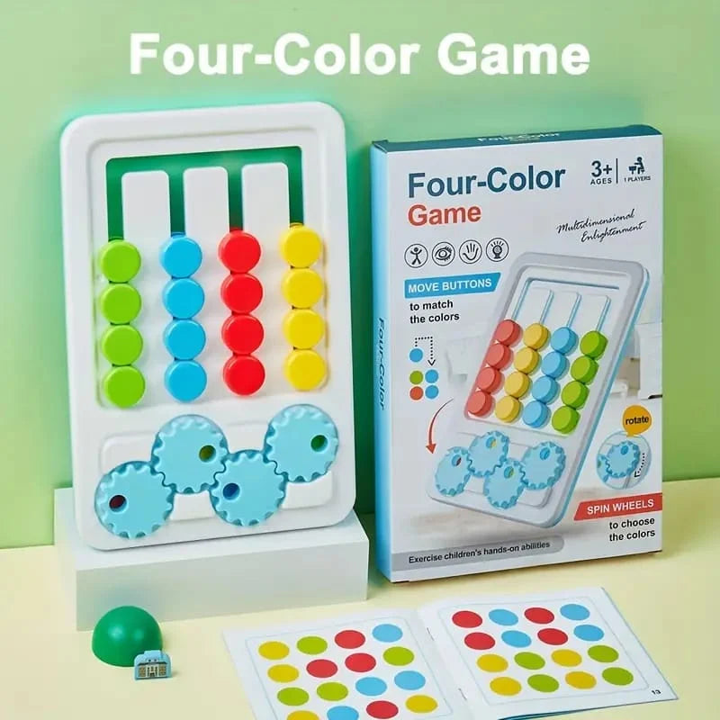 Four-Color Game board with colorful sliding buttons and gear wheels, shown with challenge cards and product packaging