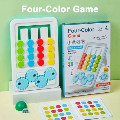 Four-Color Game board with colorful sliding buttons and gear wheels, shown with challenge cards and product packaging