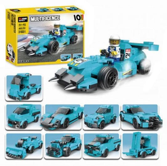 10-in-1 Building Blocks Race Car Set - Blue Ghost Multi-Model Construction Toy (201+ Pieces)