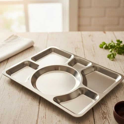 Stainless Steel 6-Section Divided Meal Tray – Thali Plate for Home & School