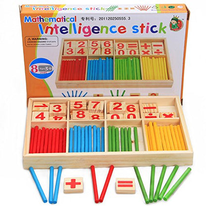 Mathematical Intelligence Stick wooden counting and math learning set with colourful sticks, number tiles, and operator cards in a wooden tray