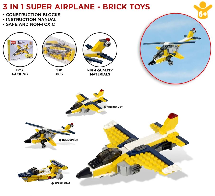 A brick building toy set featuring a 3-in-1 super airplane model, shown with the assembled yellow, white, and navy jet, smaller views of airplane, helicopter, and speed boat configurations, packaging box, feature callouts, and a blue sky background.