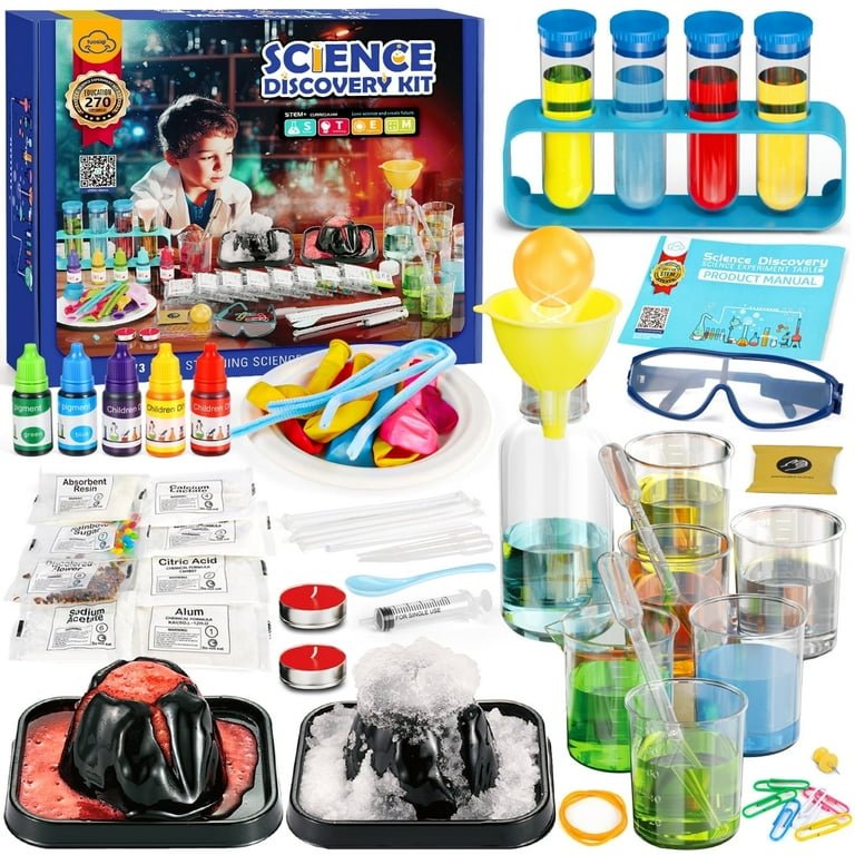 Science Discovery Kit with 270 STEM experiments including test tubes, volcano tray, safety goggles, beakers, chemicals and product manual
