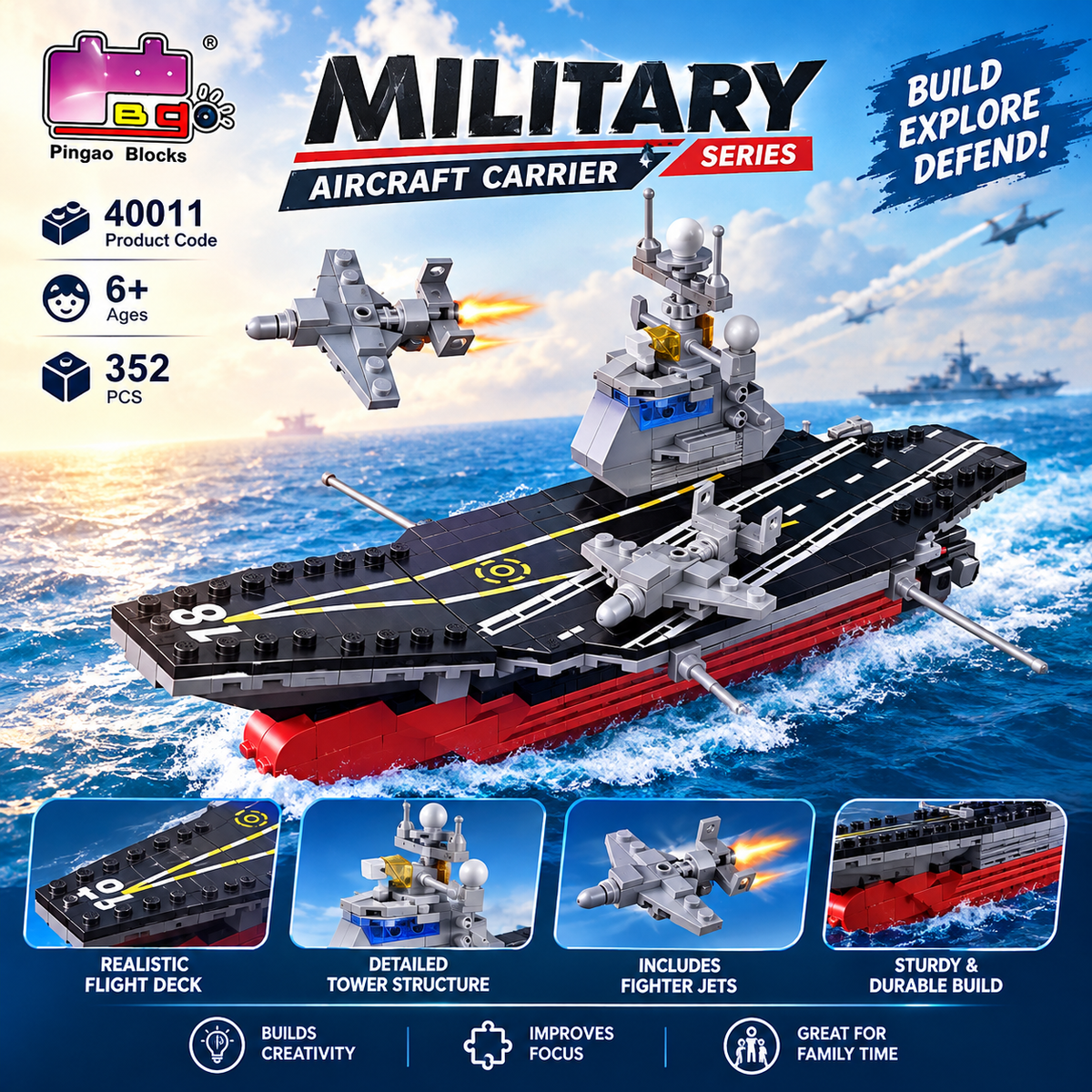 Military Aircraft Carrier Building Blocks Set – 352 Pcs | Ages 6+ - 40011