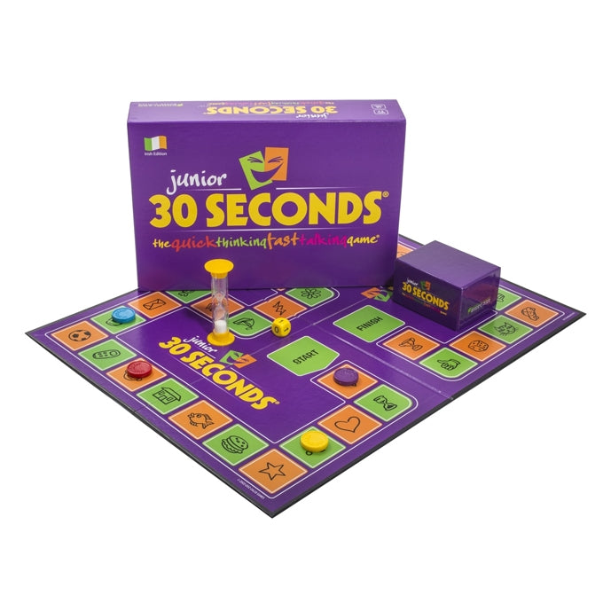 30 Seconds Junior board game with purple packaging, colourful playing board, sand timer, die and four coloured counters