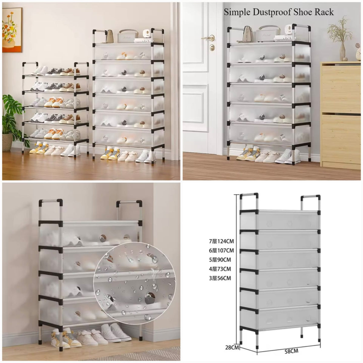 Stackable dustproof shoe rack with translucent flip-up covers and size diagram for 5, 6 and 7 layers.