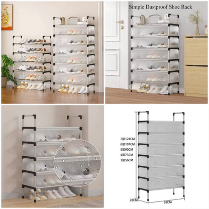 Stackable dustproof shoe rack with translucent flip-up covers and size diagram for 5, 6 and 7 layers.