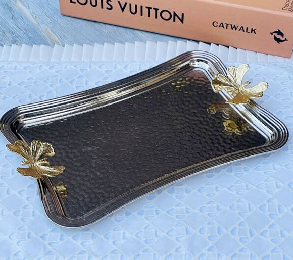 Hammered Metal Decorative Tray with Gold Butterfly Accents