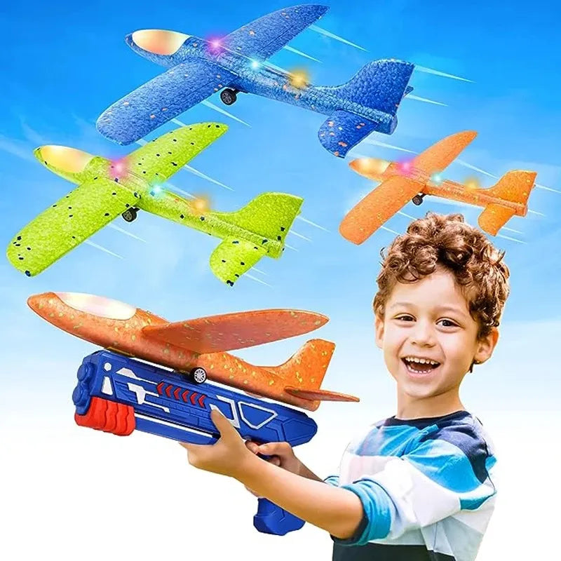 Foam Airplane Launcher Toy Set for Kids – Light-Up Glider Planes with Catapult Gun