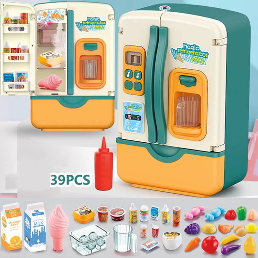 Magic Refrigerator Pretend Play Set for Kids – 39 Pcs with Mist Function, Ice Dispenser, Light & Sound
