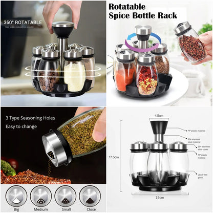360° Rotatable Spice Rack with 6 Glass Jars – Stainless Steel Kitchen Organizer