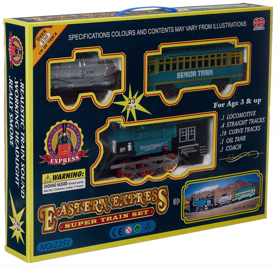 Boxed train set with toy train and tracks, featuring 'Eastern Express' branding.