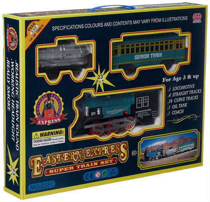 Boxed train set with toy train and tracks, featuring 'Eastern Express' branding.