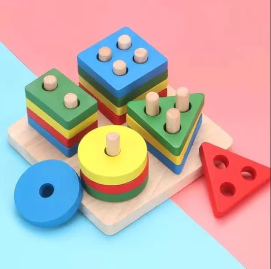Wooden Geometric Shape Sorter Toy - Montessori Educational Stacking Puzzle for Toddlers