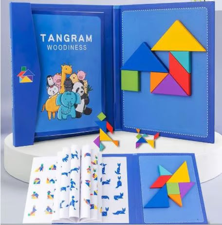 Tangram Woodiness Educational Puzzle Set - Magnetic Wooden Shapes for Kids
