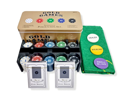 Gold Games Professional Poker Chips Set - Playing Cards - 200 Chips with Gaming Mat