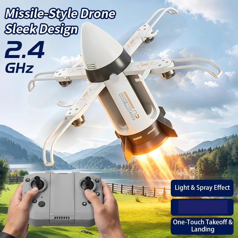 360° Rotation RC Starship Missile Drone with 2.4GHz remote controller, featuring light and spray effect and one-touch takeoff