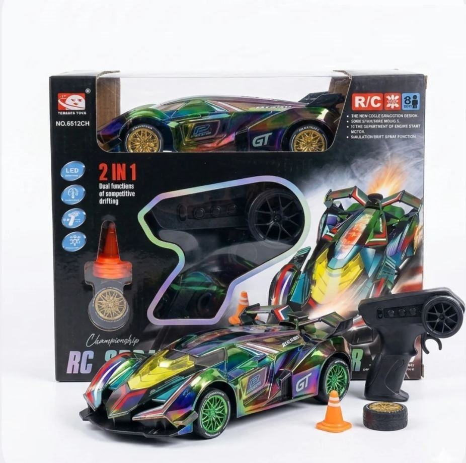 Colorful 2-in-1 remote control RC drift car with smoke effect, LED tail lights, four cones and four extra tyres