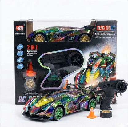 Colorful 2-in-1 remote control RC drift car with smoke effect, LED tail lights, four cones and four extra tyres