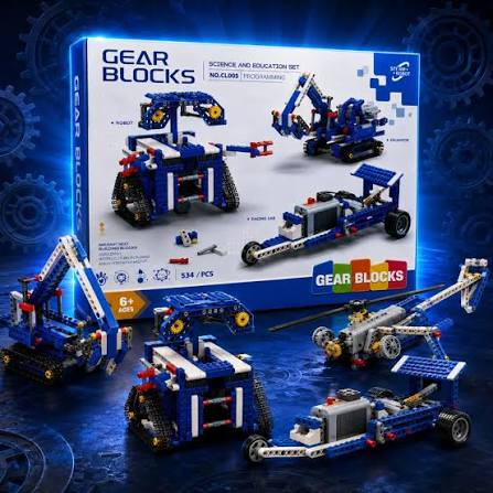 Gear Blocks science and education construction set with 534 pieces, showing example gear-driven models and vehicles
