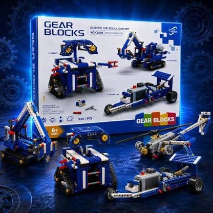 Gear Blocks science and education construction set with 534 pieces, showing example gear-driven models and vehicles