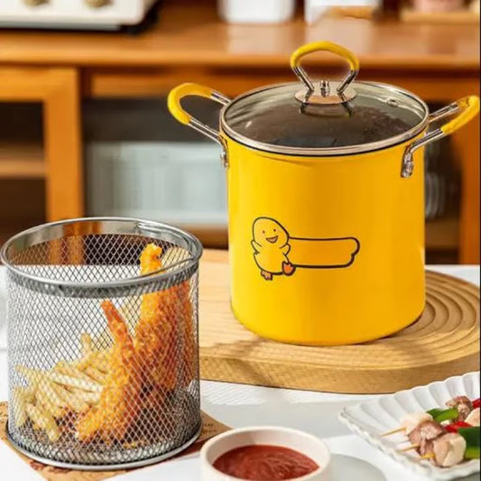 2L Fried Pot with Basket - Non-Stick Deep Frying Pan with Glass Lid & Strainer