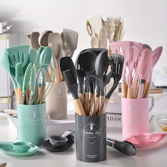 Premium Silicone Kitchen Utensil Set with Wooden Handles - 12 Piece Cooking Tools & Holder
