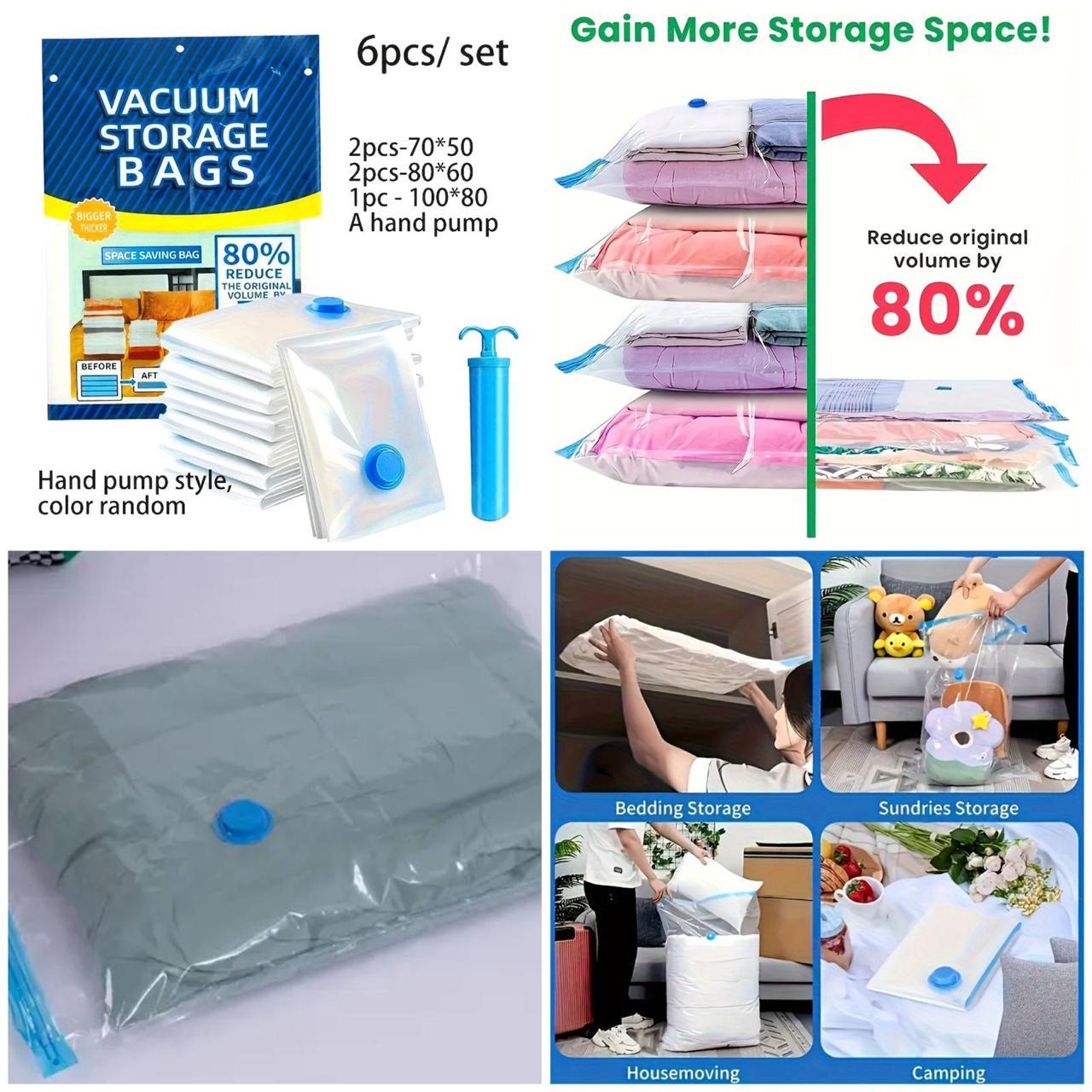 Vacuum Storage Bags 6-Piece Set with Hand Pump – Space Saving Solution