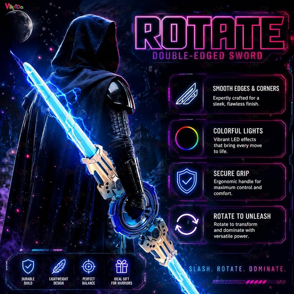 Rotate Double-Edged Light Sword – 360° Spinning Dual Blade with LED Lights & Sound Effects
