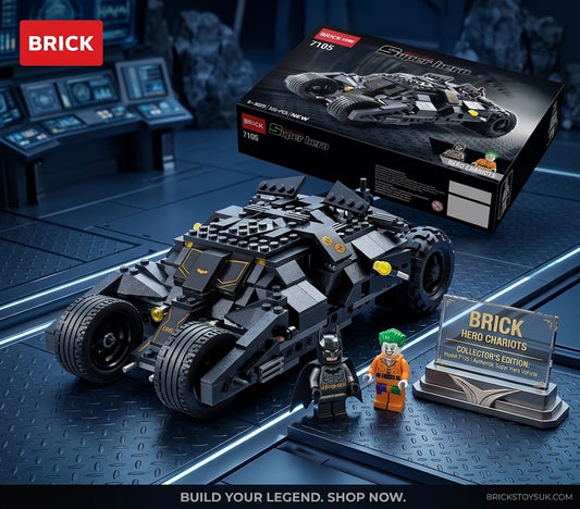 LEGO Brick set 7105 Gotham Smash Car, featuring the assembled black and gray brick-built Batcave car, two minifigures (Batman and Harley Quinn), and the original product packaging box, displayed on a futuristic dark blue control room set.