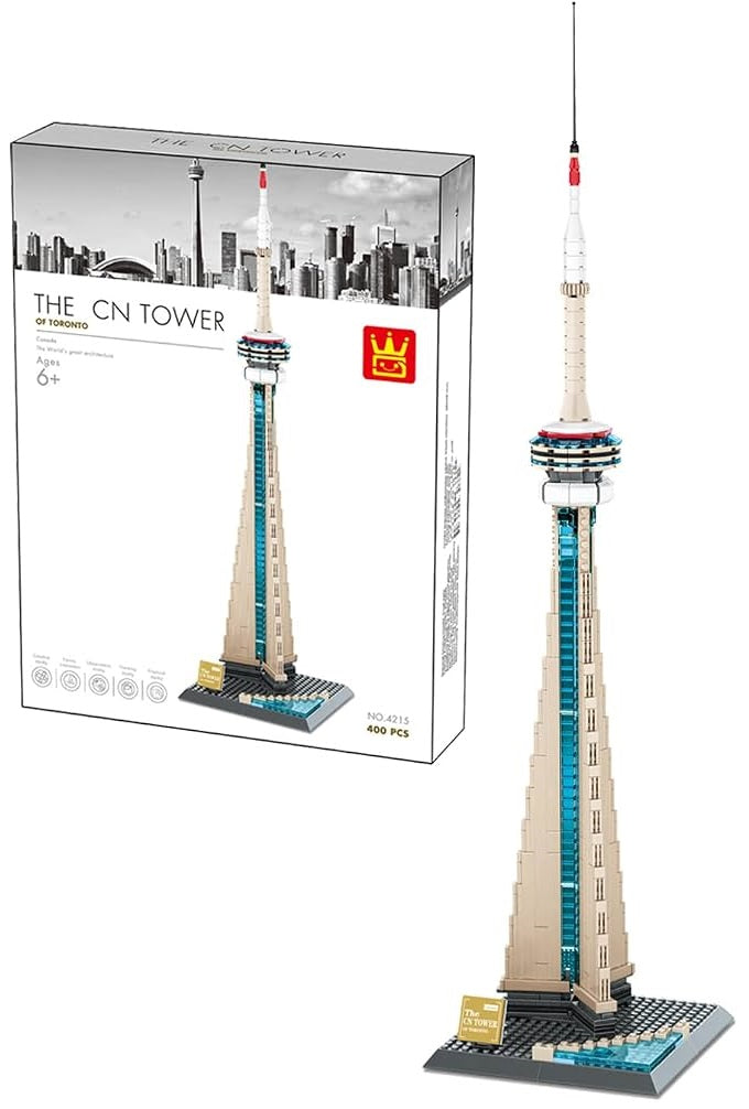 A building block set showing the assembled CN Tower model next to its retail box on a plain white background. The box reads 'THE CN TOWER BY FOKAO' and shows a city skyline graphic on the front.