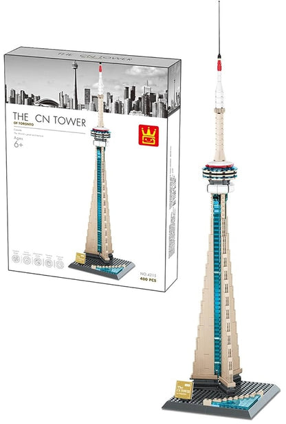 A building block set showing the assembled CN Tower model next to its retail box on a plain white background. The box reads 'THE CN TOWER BY FOKAO' and shows a city skyline graphic on the front.