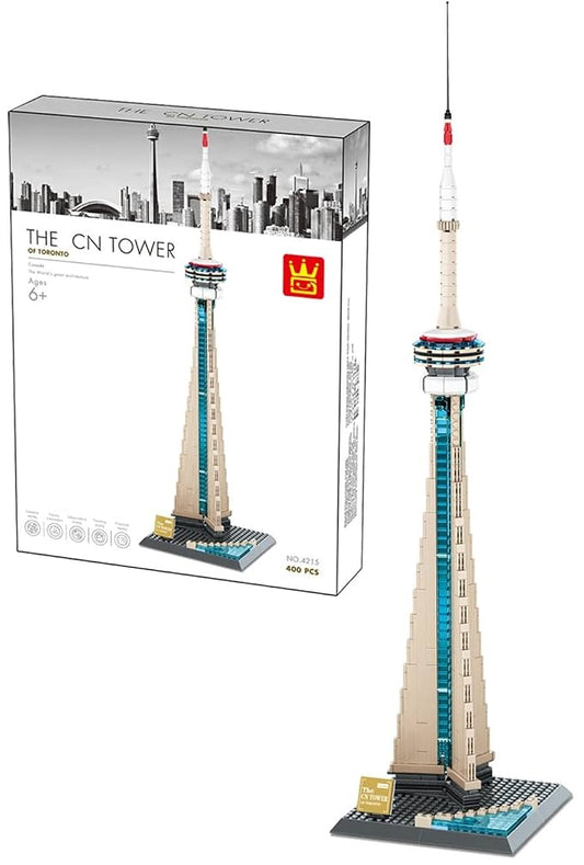 A building block set showing the assembled CN Tower model next to its retail box on a plain white background. The box reads 'THE CN TOWER BY FOKAO' and shows a city skyline graphic on the front.