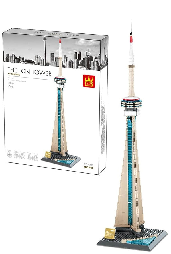 A building block set showing the assembled CN Tower model next to its retail box on a plain white background. The box reads 'THE CN TOWER BY FOKAO' and shows a city skyline graphic on the front.