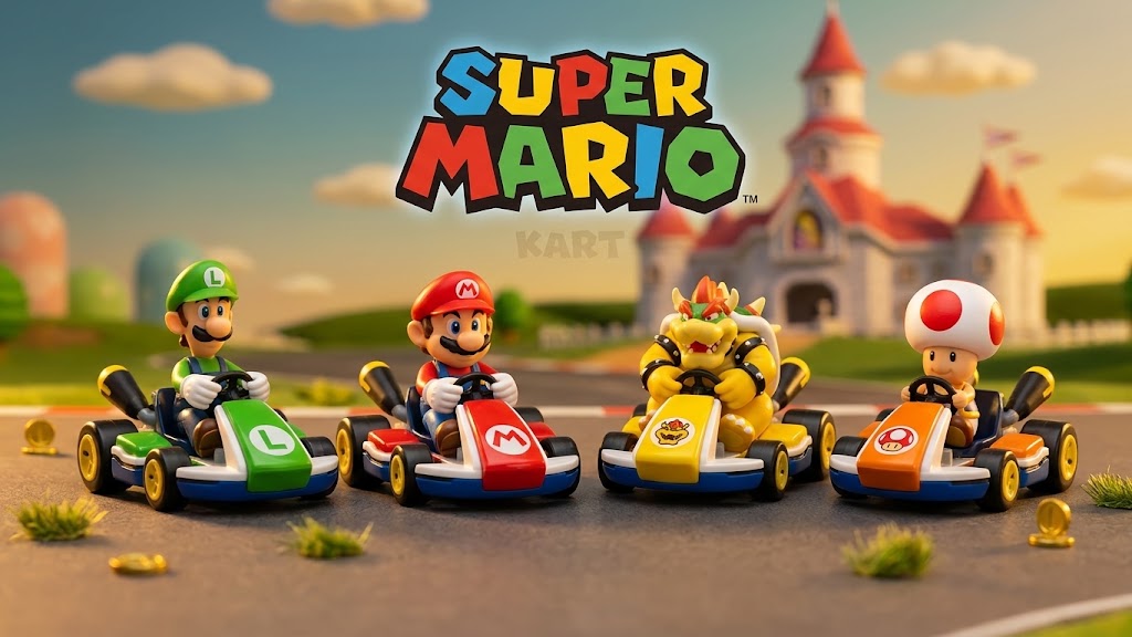 Super Mario Kart racing scene with four characters in colorful gokarts on a track, with the Super Mario Kart logo above and a castle in the background.
