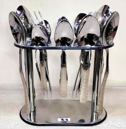 Stainless Steel Cutlery Set with Standing Rack – 29 Pieces | Laser Engraved Design