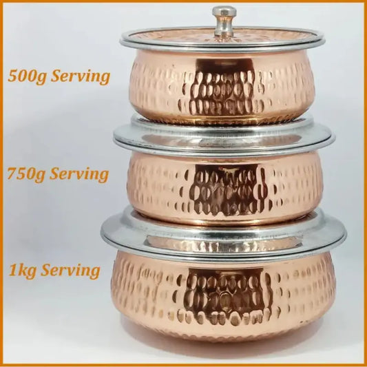Hammered Copper-Finish Stainless Steel Handi Set – 3 Piece (500g, 750g, 1kg) with Lids