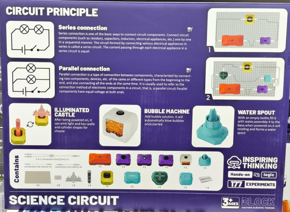 Back of BLD EDU Science Circuit Block kit box showing circuit principles and contents