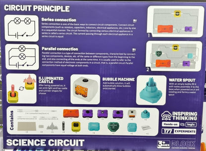 Back of BLD EDU Science Circuit Block kit box showing circuit principles and contents