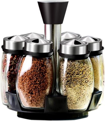 360° Rotatable Spice Rack with 6 Glass Jars – Stainless Steel Kitchen Organizer