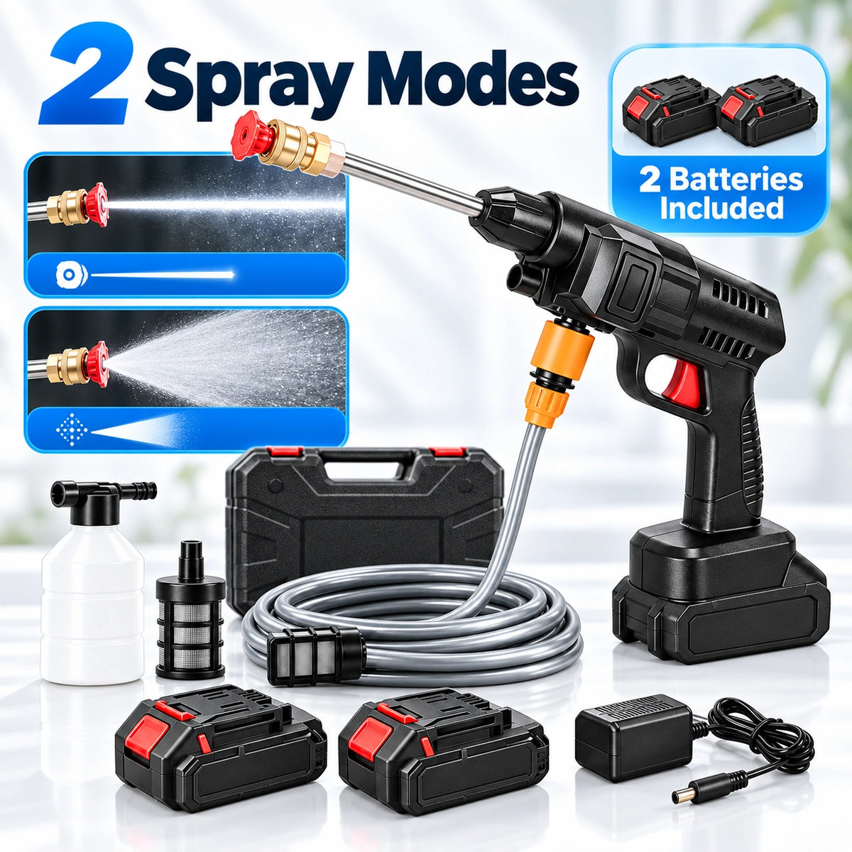 Cordless Portable Car Washer Gun Kit with 2 Batteries & Foam Bottle