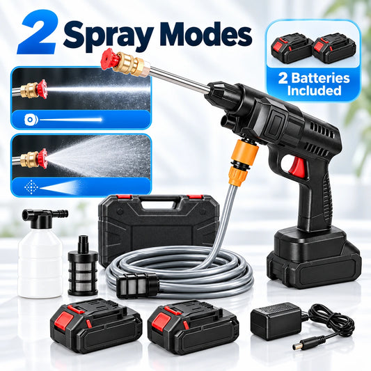 Black cordless pressure washer with a flexible hose, foam bottle, nozzle attachments, carrying case, charger, and two batteries, shown with promotional text '2 Spray Modes' and '2 Batteries Included' on a clean light background.
