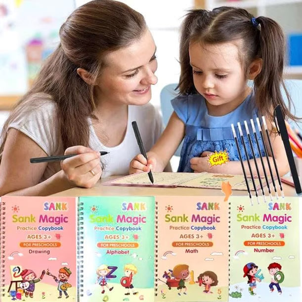 سانک میجک بک - دوبارہ قابل استعمال پریکٹس کاپی بک سیٹ (4 کتابیں + 10 ریفلز + قلم + گرپر)