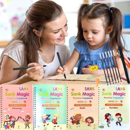 سانک میجک بک - دوبارہ قابل استعمال پریکٹس کاپی بک سیٹ (4 کتابیں + 10 ریفلز + قلم + گرپر)