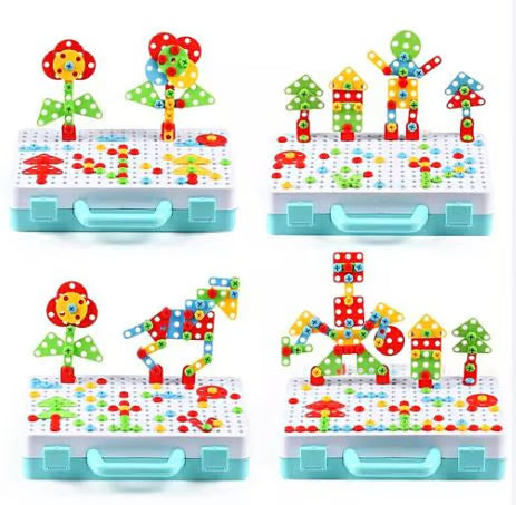 2-ان-1 میجک پلیٹ تعمیراتی کھلونا سیٹ - الیکٹرک ڈرل کے ساتھ 194 ٹکڑوں کی تخلیقی بلڈنگ کٹ