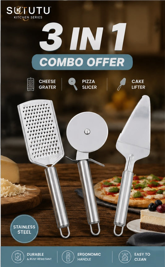 3-in-1 Kitchen Combo – Stainless Steel Cheese Grater, Pizza Slicer & Cake Lifter