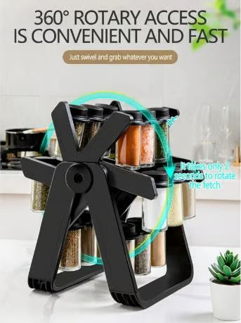 360° Rotating Spice Rack - 18 Jar Kitchen Organizer with Funnel