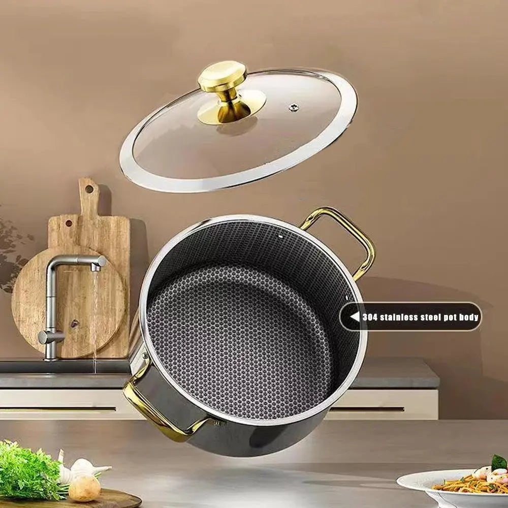 Triply Honeycomb Design Stainless Steel Pot with Glass Lid – 7 Sizes