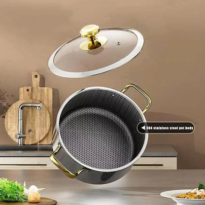 Triply Honeycomb Design Stainless Steel Pot with Glass Lid – 7 Sizes